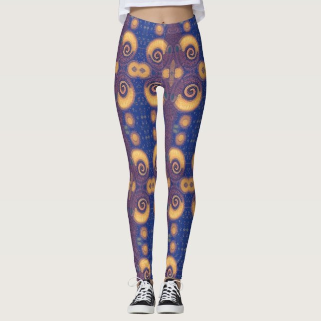 Mosaic geometric plum gold navy design kitty voice leggings (Front)