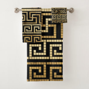 Mosaic Greek Meander Greek Key Black and Gold Bath Towel Set