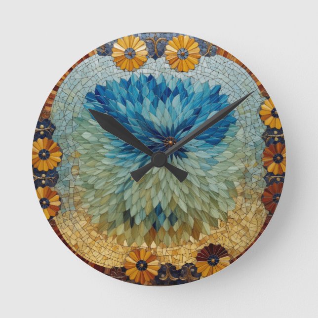 Mosaic Green Blue Floral Clock  (Front)