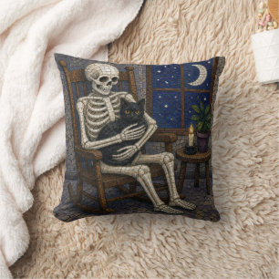 Mosaic Halloween Skeleton and Black Cat Cushion