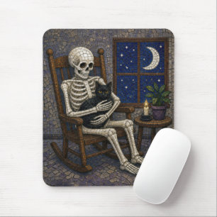 Mosaic Halloween Skeleton and Black Cat Mouse Mat