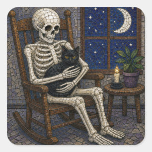 Mosaic Halloween Skeleton and Black Cat Square Sticker