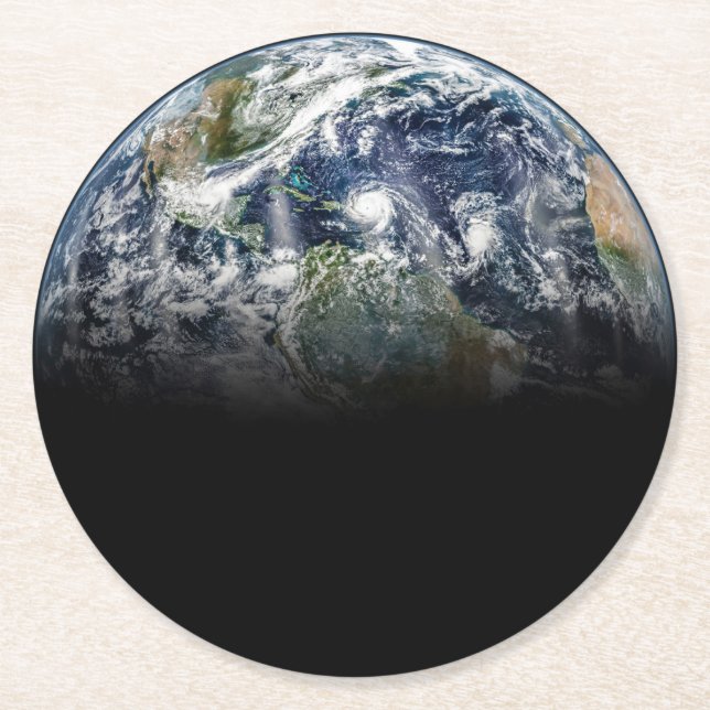 Mosaic Image Of Planet Earth With 3 Hurricanes Round Paper Coaster (Front)