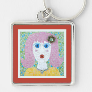 Mosaic - Ingrid with Red Orange & Ivory Border Key Ring