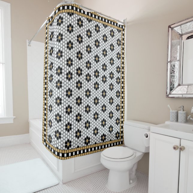 Mosaic Inspired Black White and Gold Shower Curtain (In Situ)