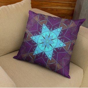 Mosaic Kaleidoscope Flower Blue and Purple Cushion