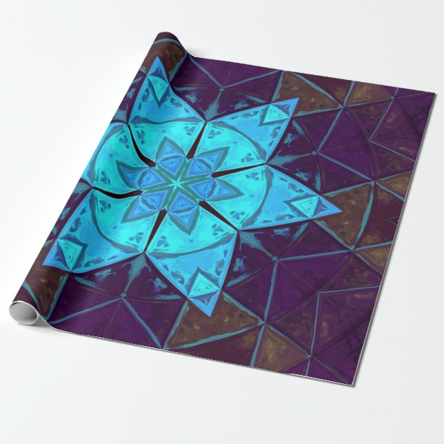 Mosaic Kaleidoscope Flower Blue and Purple Wrapping Paper (Unrolled)