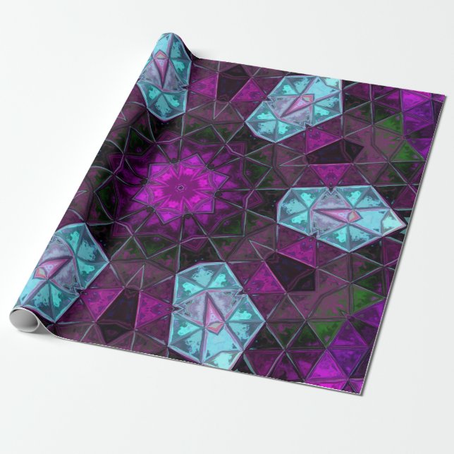 Mosaic Kaleidoscope Flower Blue and Purple Wrapping Paper (Unrolled)
