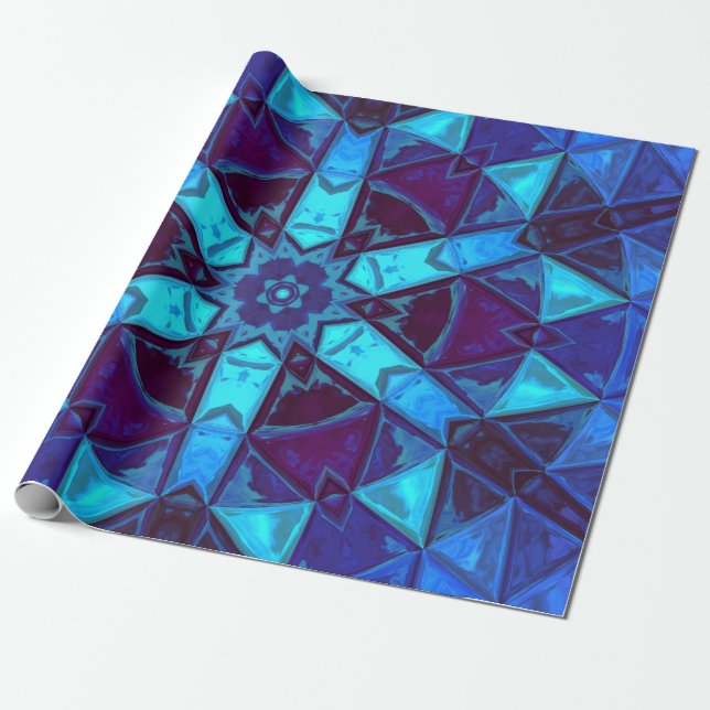 Mosaic Kaleidoscope Flower Blue and Purple Wrapping Paper (Unrolled)