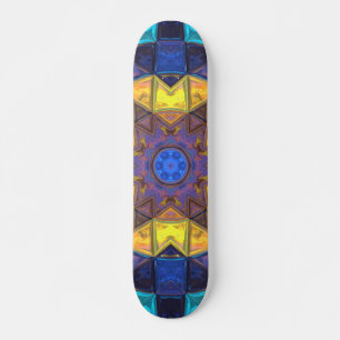 Mosaic Kaleidoscope Flower Blue and Yellow Skateboard