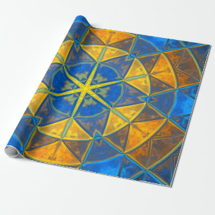 Mosaic Kaleidoscope Flower Blue and Yellow Wrapping Paper