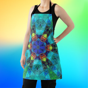 Mosaic Kaleidoscope Flower Blue Green and Orange Apron