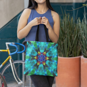 Mosaic Kaleidoscope Flower Blue Green and Orange Tote Bag