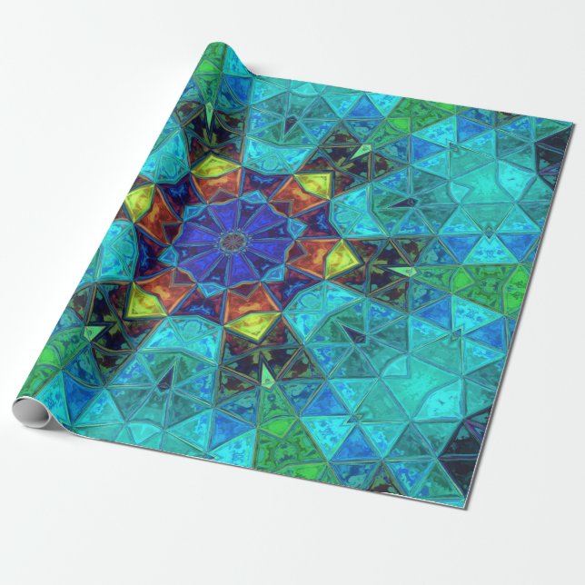Mosaic Kaleidoscope Flower Blue Green and Orange Wrapping Paper (Unrolled)
