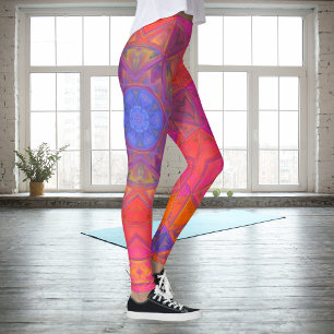 Mosaic Kaleidoscope Flower Blue Pink and Yellow Leggings