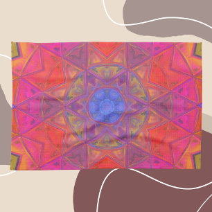 Mosaic Kaleidoscope Flower Blue Pink and Yellow Tea Towel
