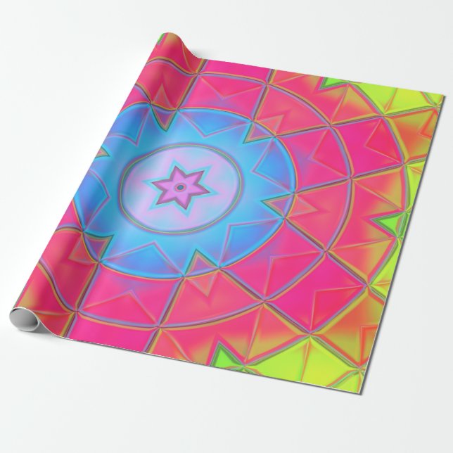 Mosaic Kaleidoscope Flower Blue Pink and Yellow Wrapping Paper (Unrolled)