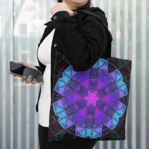 Mosaic Kaleidoscope Flower Blue Purple and Black Tote Bag