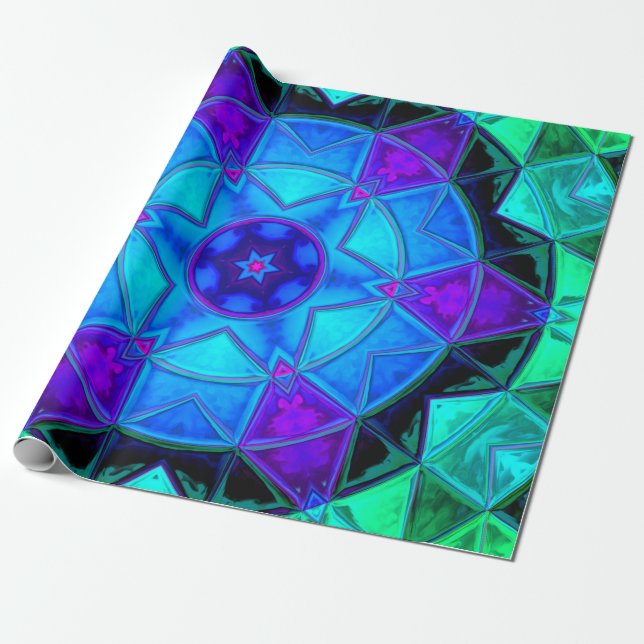 Mosaic Kaleidoscope Flower Blue Purple and Teal Wrapping Paper (Unrolled)
