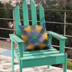 Mosaic Kaleidoscope Flower Blue Yellow and Pink Cushion