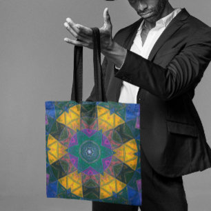 Mosaic Kaleidoscope Flower Blue Yellow and Pink Tote Bag