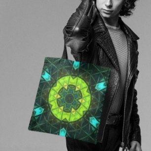 Mosaic Kaleidoscope Flower Green and Blue Tote Bag