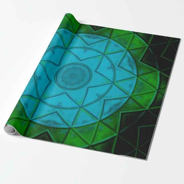 Mosaic Kaleidoscope Flower Green and Blue Wrapping Paper (Unrolled)
