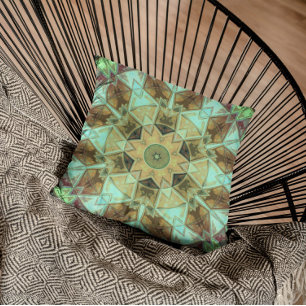 Mosaic Kaleidoscope Flower Green and Brown Cushion