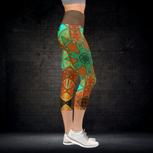 Mosaic Kaleidoscope Flower Green and Orange Capri Leggings