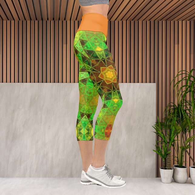 Mosaic Kaleidoscope Flower Green and Orange Leggin Capri Leggings (Creator Uploaded)