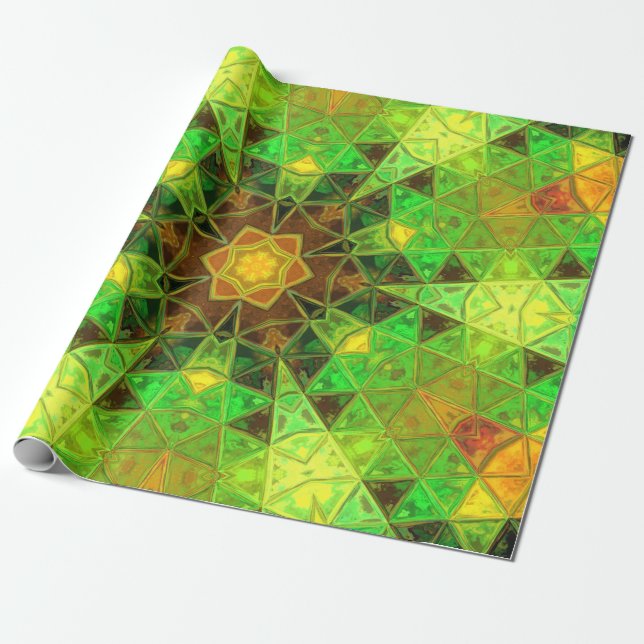 Mosaic Kaleidoscope Flower Green and Orange Wrapping Paper (Unrolled)