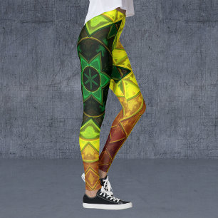 Mosaic Kaleidoscope Flower Green and Yellow Leggings