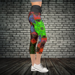 Mosaic Kaleidoscope Flower Green Blue and Red Legg Capri Leggings