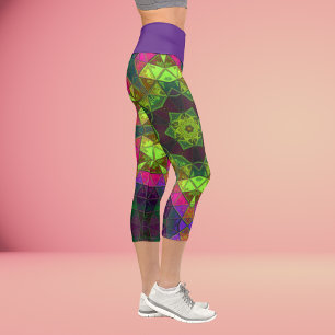 Mosaic Kaleidoscope Flower Green Pink and Purple L Capri Leggings