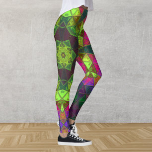 Mosaic Kaleidoscope Flower Green Pink and Purple Leggings