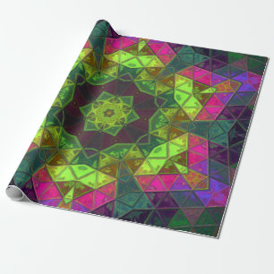 Mosaic Kaleidoscope Flower Green Pink and Purple Wrapping Paper