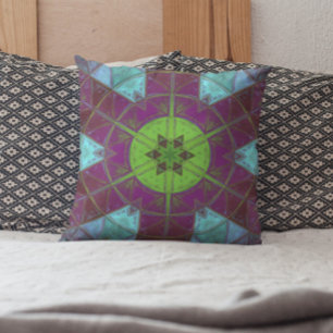 Mosaic Kaleidoscope Flower Green Purple and Blue Cushion