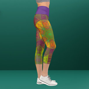 Mosaic Kaleidoscope Flower Green Purple and Orange Capri Leggings