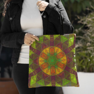 Mosaic Kaleidoscope Flower Green Purple and Orange Tote Bag
