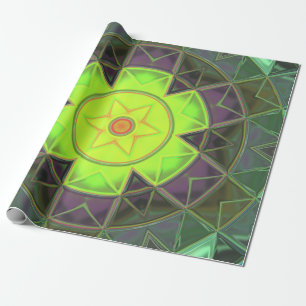 Mosaic Kaleidoscope Flower Green Purple and Yellow Wrapping Paper