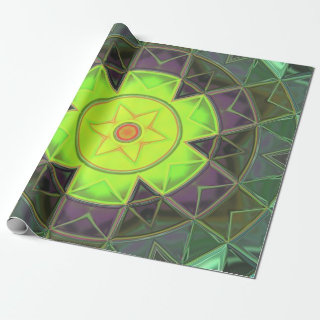 Mosaic Kaleidoscope Flower Green Purple and Yellow Wrapping Paper (Unrolled)