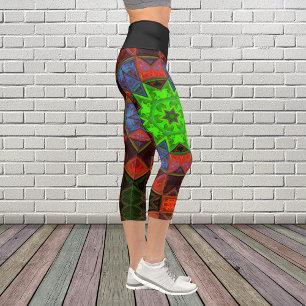 Mosaic Kaleidoscope Flower Green Red and Blue Capri Leggings