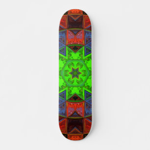 Mosaic Kaleidoscope Flower Green Red and Blue Skateboard
