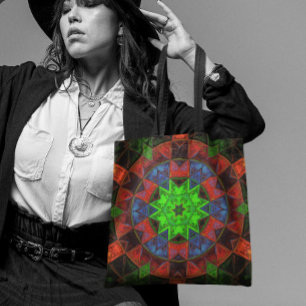 Mosaic Kaleidoscope Flower Green Red and Blue Tote Bag