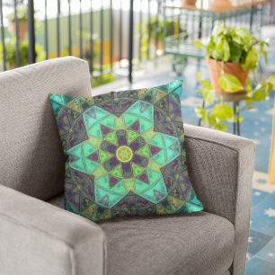 Mosaic Kaleidoscope Flower Green Teal and Purple Cushion