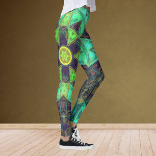 Mosaic Kaleidoscope Flower Green Teal and Purple Leggings