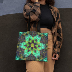 Mosaic Kaleidoscope Flower Green Teal and Purple Tote Bag