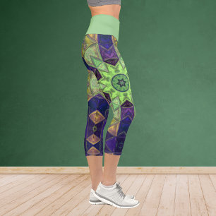 Mosaic Kaleidoscope Flower Green Yellow and Purple Capri Leggings