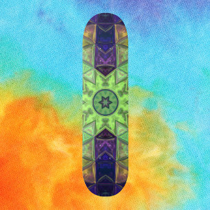 Mosaic Kaleidoscope Flower Green Yellow and Purple Skateboard