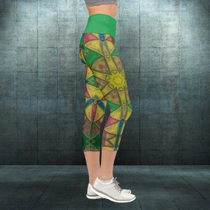 Mosaic Kaleidoscope Flower Green Yellow and Red Le Capri Leggings